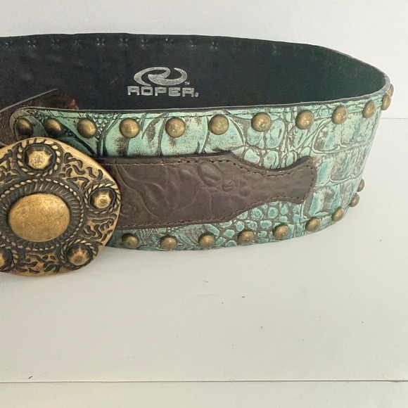 Roper Turquoise Brown Tooled Leather Studded Wide Western Belt Ornate L 37 - Picture 3 of 10